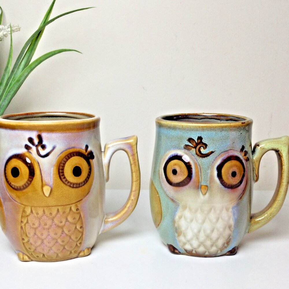 Owl Mug Tea Coffee Cup Pair (2) VTG Gibson Stoneware 12oz Pottery Raised Detail